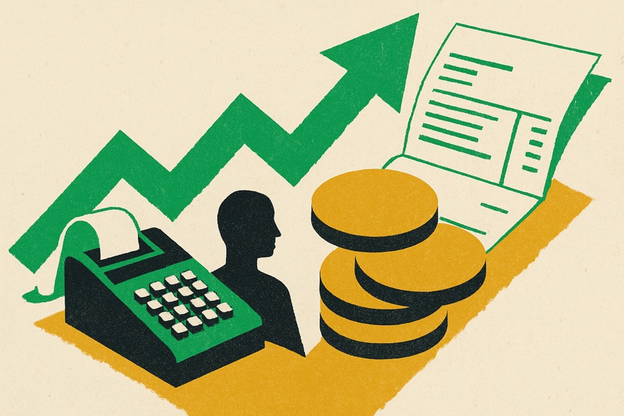 Calculatrice, pièces de monnaie et courbe de salaire en hausse